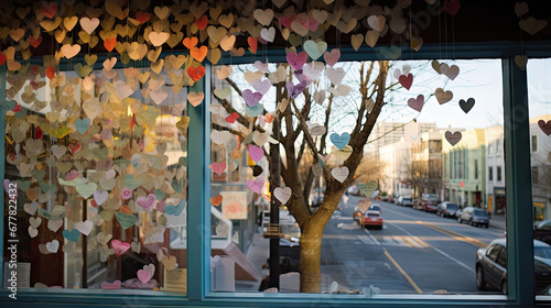  a window with a bunch of paper hearts hanging from it's side and a tree in front of it.