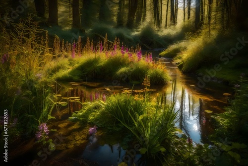 A hidden stream in a sunlit glade, its surface reflecting the vibrant hues of nearby wildflowers © Fahad