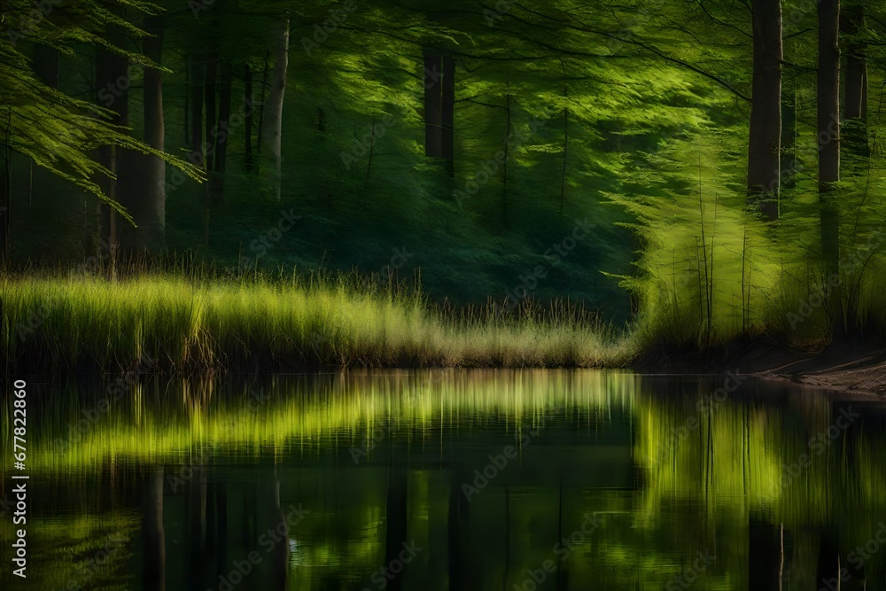 The tranquil atmosphere of a woodland pond, surrounded by tall trees and frequented by amphibians The tranquil atmosphere of a woodland pond, surrounded by tall trees and frequented by amphibians