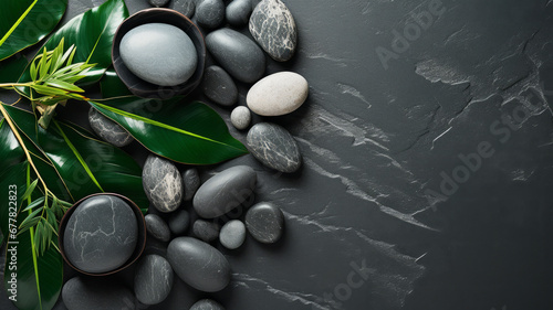 Ornament of dark gray stones for massage and a terry towel. Spa Natural background