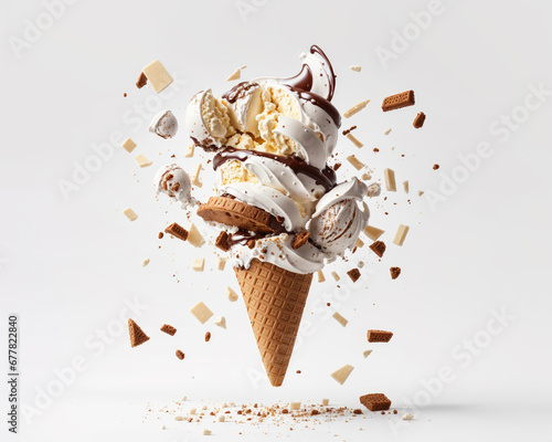 An Ice-cream disassembled in midair White background