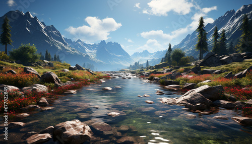 Majestic mountain peak reflects in tranquil blue pond generated by AI