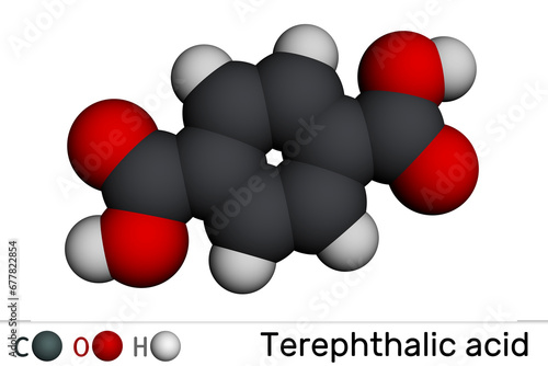 Terephthalic acid molecule. It is benzenedicarboxylic acid, precursor to the polyester PET. Molecular model. 3D rendering photo