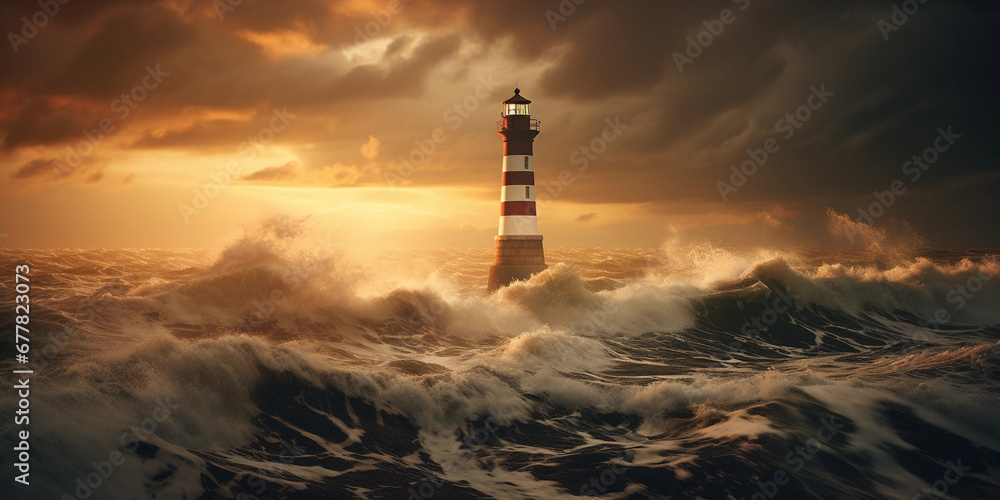lighthouse at dusk, overlooking a turbulent sea, God rays breaking through clouds