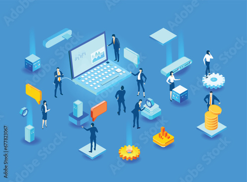 Business people are working together in server room, prospecting data, analysing and cooperating. Isometric business environment. Infographic illustration