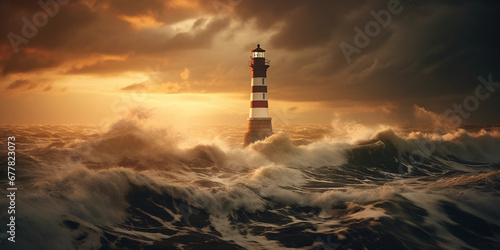 lighthouse at dusk, overlooking a turbulent sea, God rays breaking through clouds photo