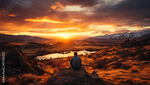 One person sitting, back lit, on mountain peak generated by AI