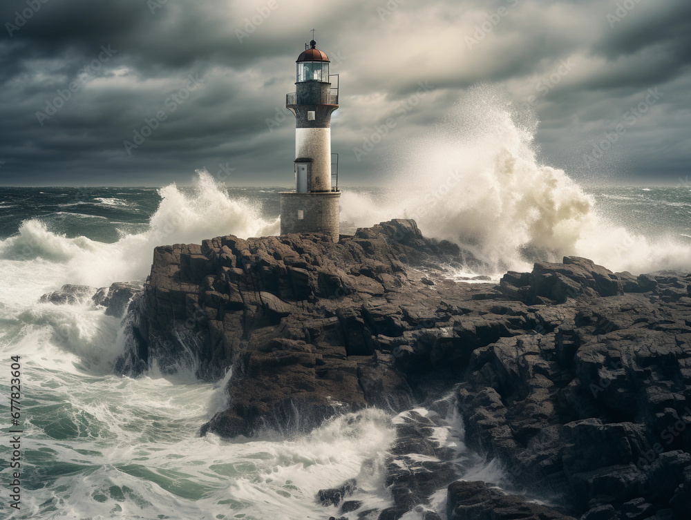 modern concrete lighthouse, situated on a rocky outcrop, waves crashing below, stormy sky