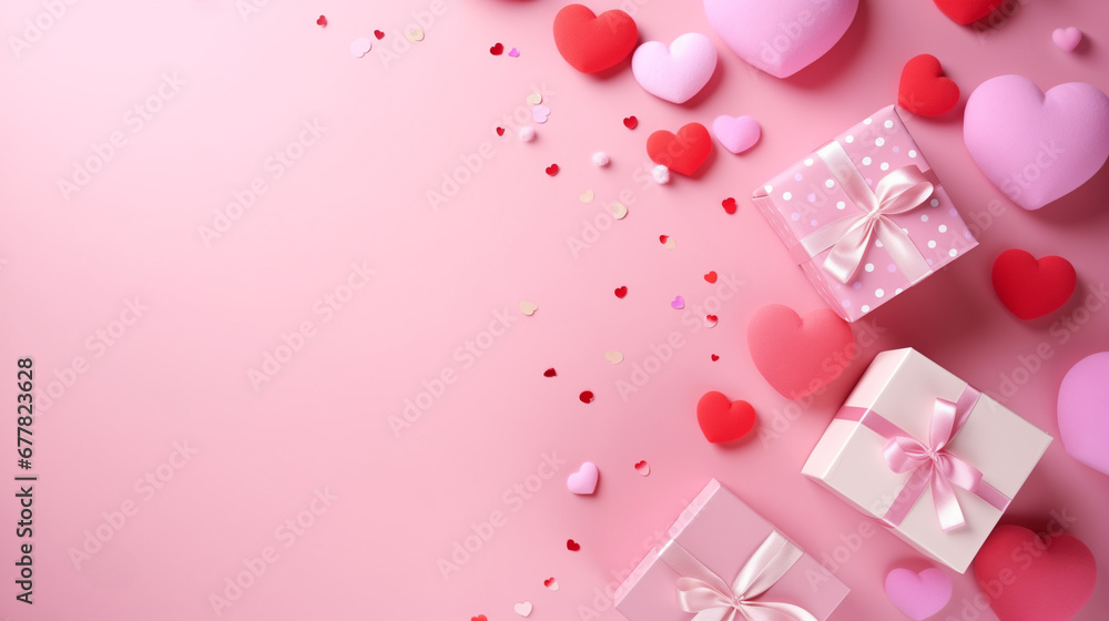 Top view of composition with Valentine's day decorations and copy space on pastel pink background. Holiday 14 February romantic banner. Top view of composition with Valentine's day decorations and copy space on pastel pink background. Holiday 14 February romantic banner.