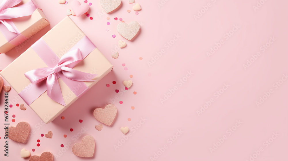 Top view of composition with Valentine's day decorations and copy space on pastel pink background. Holiday 14 February romantic banner.