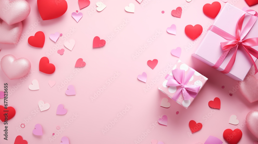 Top view of composition with Valentine's day decorations and copy space on pastel pink background. Holiday 14 February romantic banner. Top view of composition with Valentine's day decorations and copy space on pastel pink background. Holiday 14 February romantic banner.