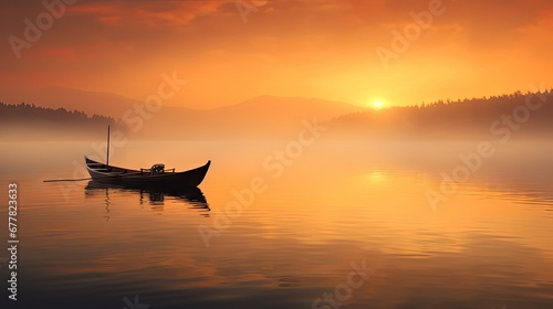  a boat floating on top of a lake next to a forest on a foggy day with the sun in the distance. © Olga