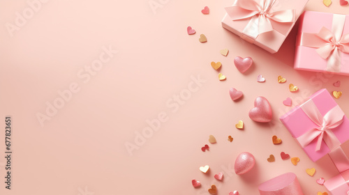 Top view of composition with Valentine's day decorations and copy space on pastel pink background. Holiday 14 February romantic banner. © ShniDesign