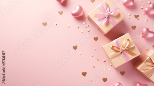 Top view of composition with Valentine's day decorations and copy space on pastel pink background. Holiday 14 February romantic banner.