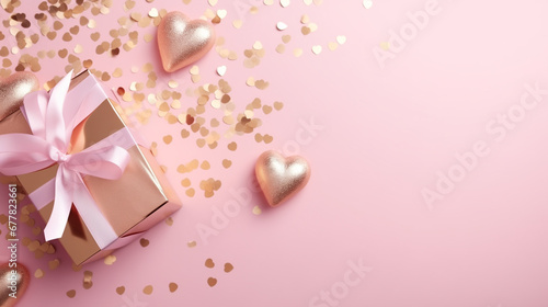 Top view of composition with Valentine's day decorations and copy space on pastel pink background. Holiday 14 February romantic banner. © ShniDesign