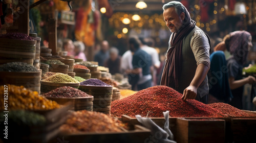 spice bazaar, vibrant colors of powdered spices piled high, shoppers blurred in background photo