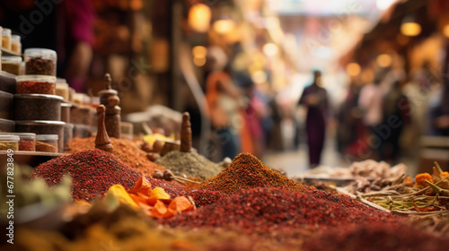 spice bazaar, vibrant colors of powdered spices piled high, shoppers blurred in background