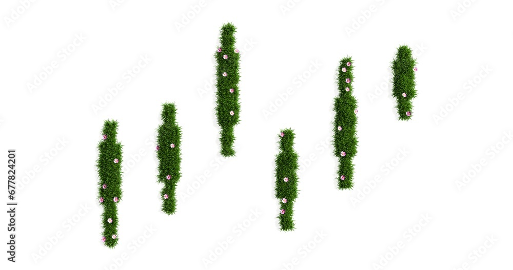 Japanese forex market candlesticks made of green grass with flowers isolated on a white background, stock growth chart of sprouts, 3d rendering Japanese forex market candlesticks made of green grass with flowers isolated on a white background, stock growth chart of sprouts, 3d rendering