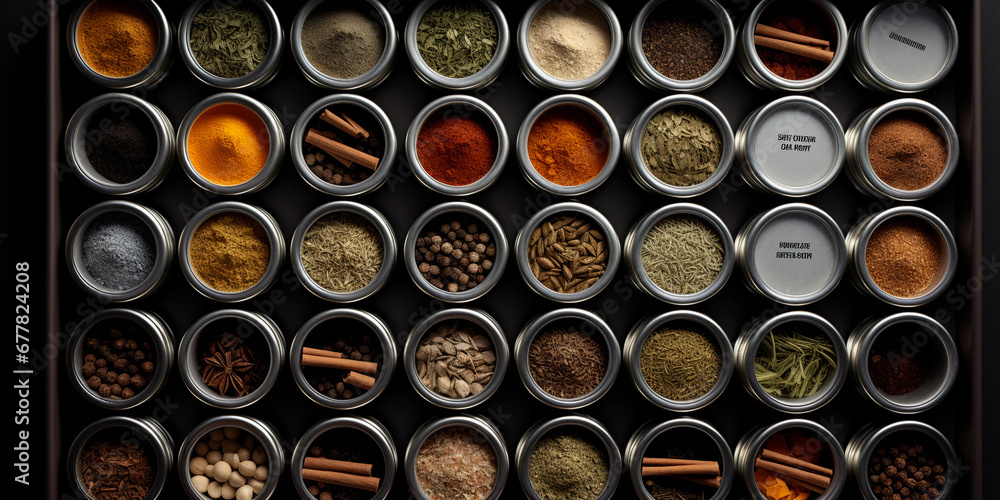 open spice drawer, showcasing an array of organized spices in small tins open spice drawer, showcasing an array of organized spices in small tins