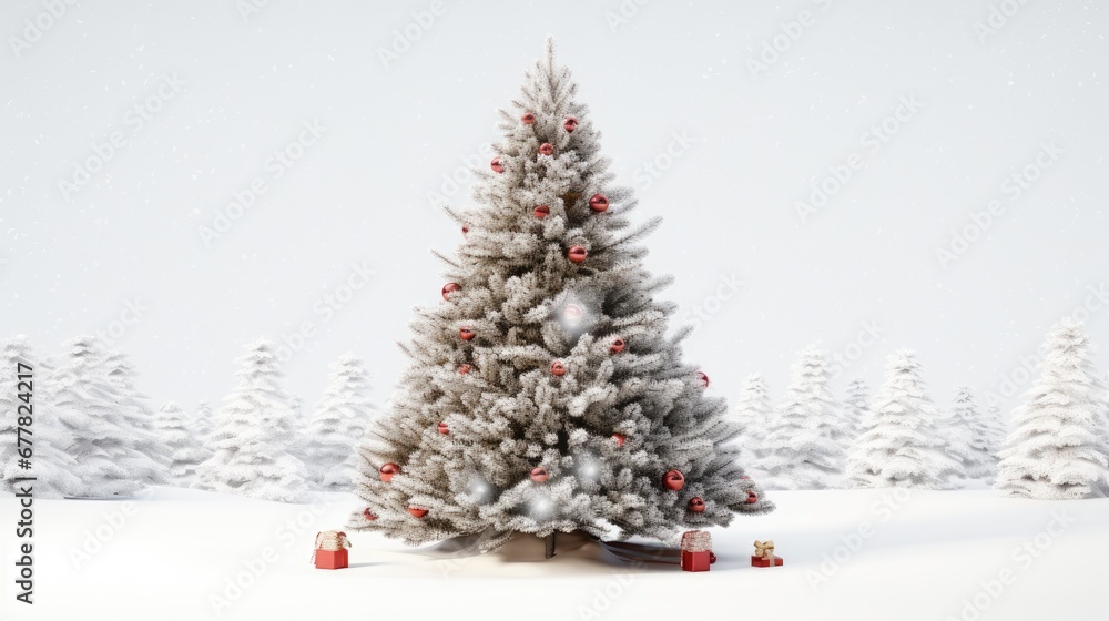  a white christmas tree with red ornaments in the middle of a snowy landscape with snow covered trees in the background.