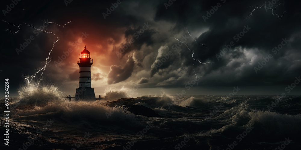 black iron lighthouse, silhouetted against a stormy sky, lightning striking the sea behind it