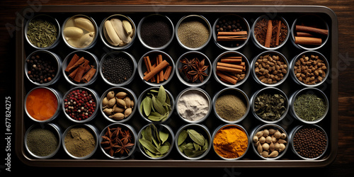 open spice drawer, showcasing an array of organized spices in small tins