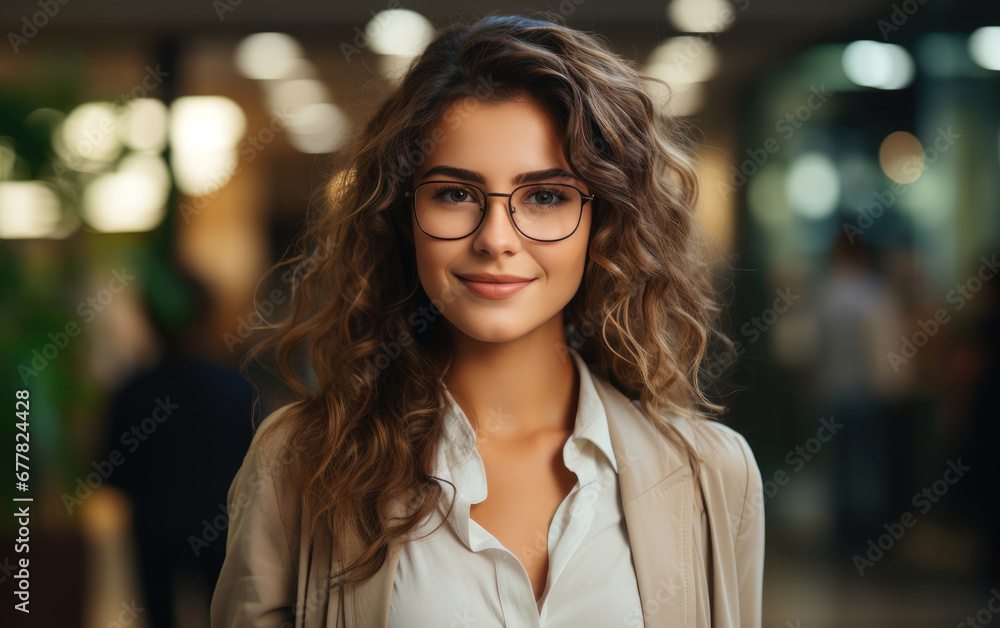 Happy businesswoman wearing glasses is standing in office using mobile cell phone