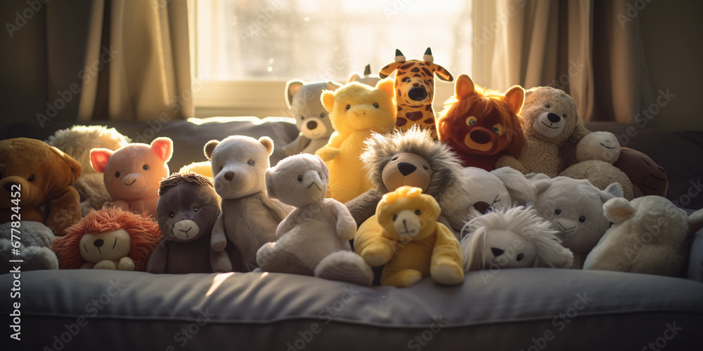 pile of assorted plush animals on a child's bed, backlit by a window creating a silhouette - obrazy, fototapety, plakaty 