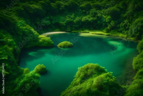 A tranquil lagoon encircled by lush greenery  with a small sandy islet in the center