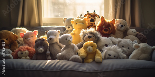 pile of assorted plush animals on a child's bed, backlit by a window creating a silhouette photo