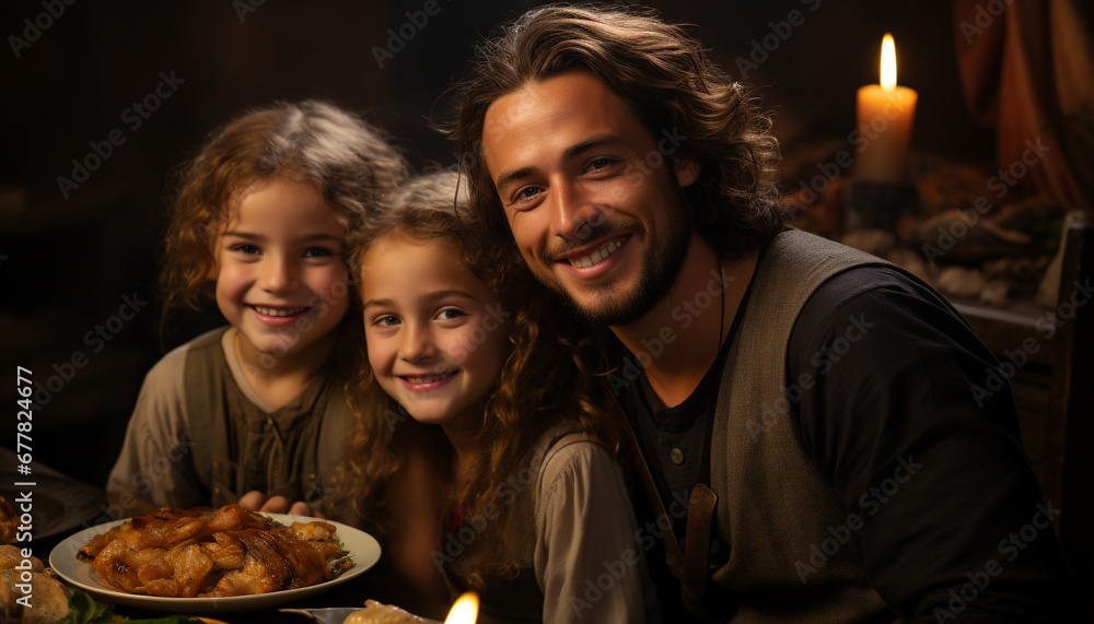Smiling family enjoys candlelit celebration at home generated by AI