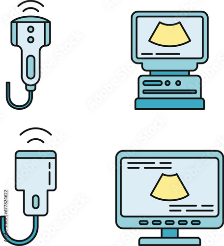Ultrasound machine icons set. Outline set of ultrasound machine vector icons thin line color flat on white