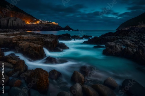 The dynamic contrast of a rocky coastline meeting the turbulent sea under the soft glow of twilight