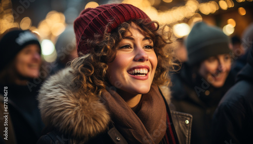 Smiling winter women outdoors in warm clothing happiness generated by AI
