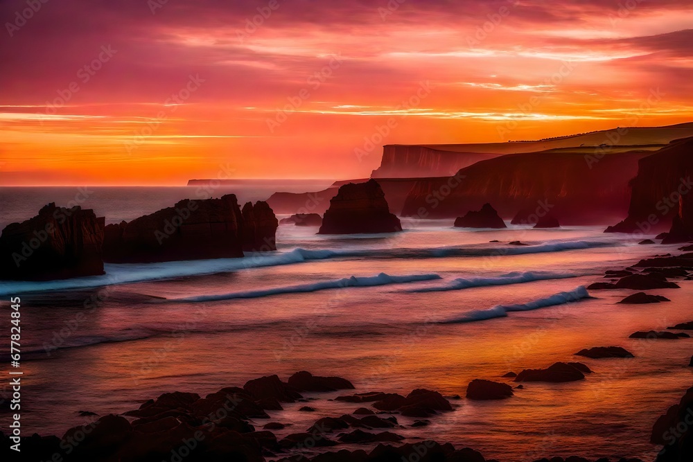 The dramatic silhouette of coastal cliffs at sunrise, painted in hues of pink and orange by the morning light