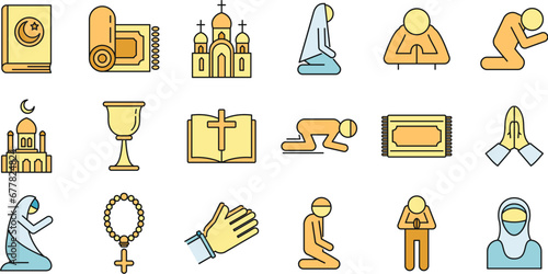 Religion prayer icons set. Outline set of religion prayer vector icons thin line color flat on white