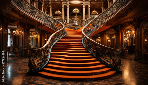 Luxury staircase inside old fashioned casino, adorned with ornate chandelier generated by AI