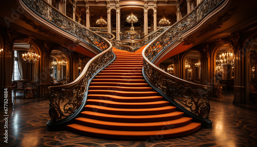 Luxury staircase inside old fashioned casino  adorned with ornate chandelier generated by AI
