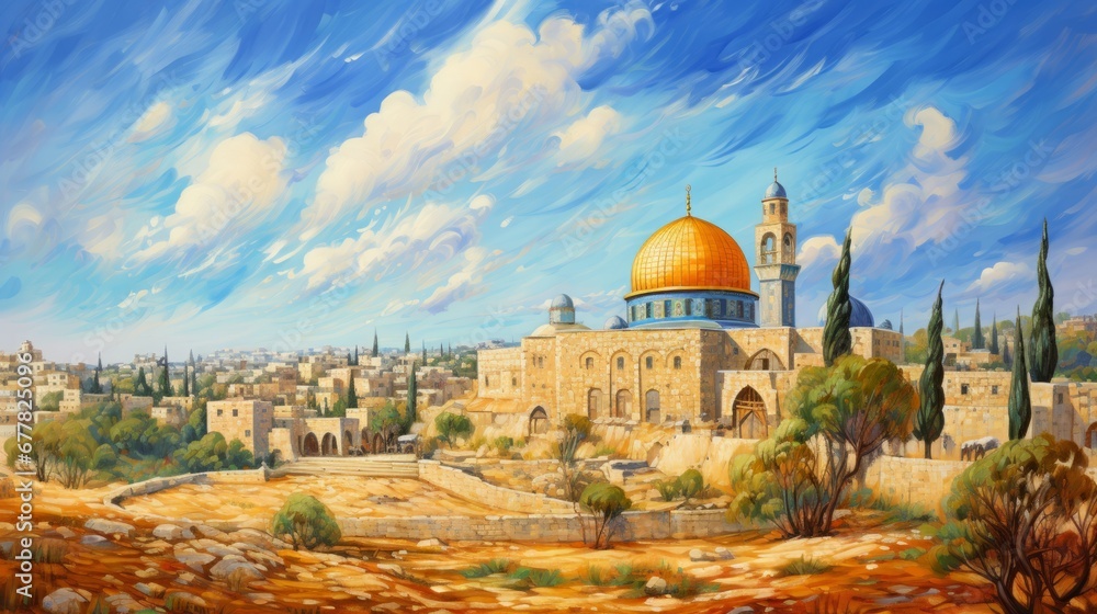 Naklejka premium jerusalem masjid al aqsa, in the style of oil painting, peace, 16:9