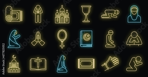 Religion prayer icons set. Outline set of religion prayer vector icons neon color on black