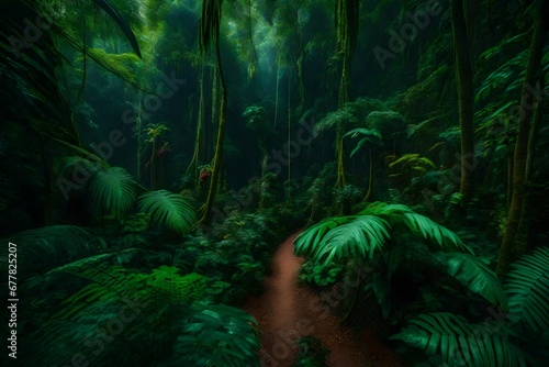 A dense rainforest canopy  alive with the vibrant colors and sounds of exotic birds and primates