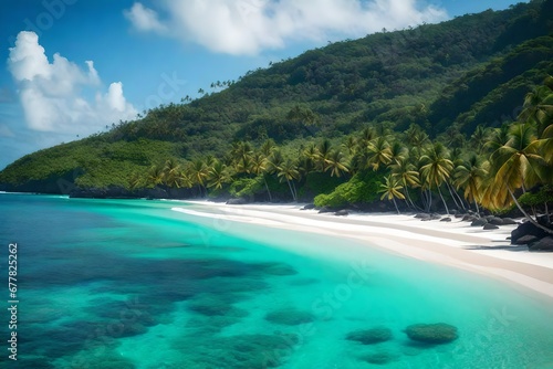 A pristine tropical beach with powdery white sand and crystal-clear waters  inviting relaxation