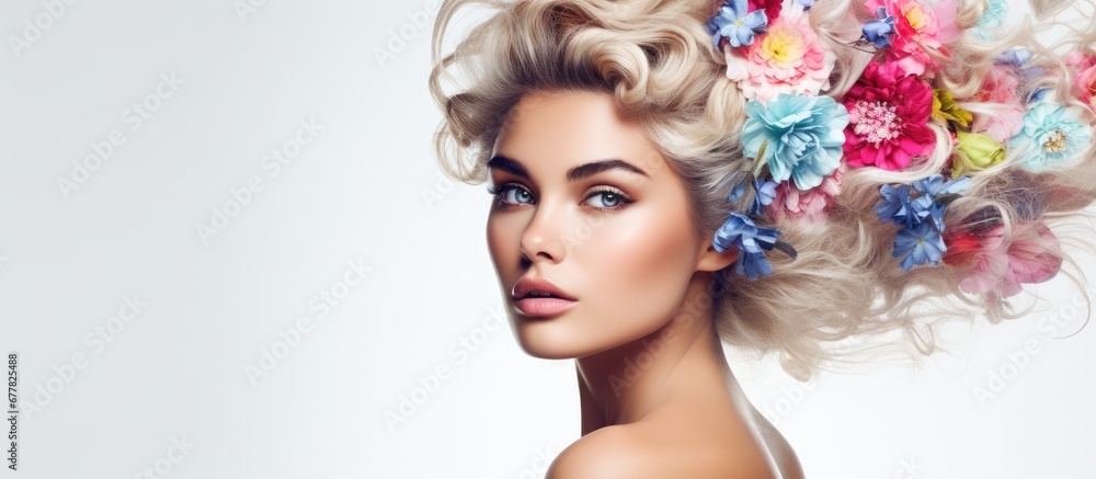 backdrop of an isolated white background a young woman with flowing floral hair captivates people with her fashion forward sense Her cute makeup adorned face exudes an aura of beauty and ele