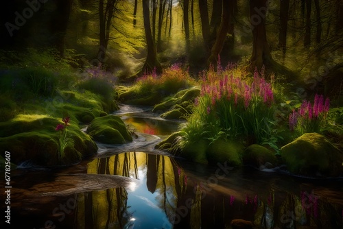 A hidden stream in a sunlit glade, its surface reflecting the vibrant hues of nearby wildflowers