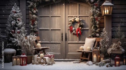  a couple of chairs sitting in front of a wooden door with a wreath on top of it next to a christmas tree.