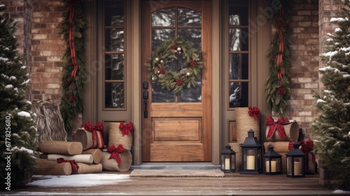  a front door decorated for christmas with presents on the steps and wreaths on the side of the front door.