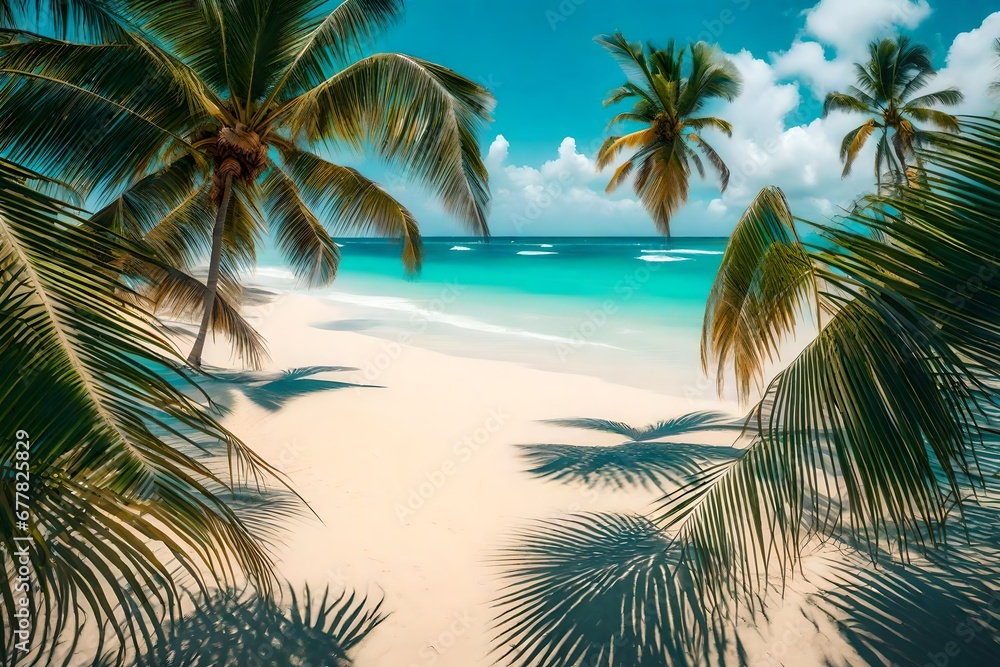 The panoramic view of an expansive sandy beach, bordered by swaying palm trees and azure ocean