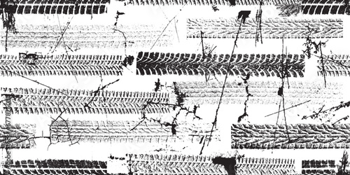 Tire track seamless pattern texture. Grange shapes .Grunge textured . Vector car thread .Screen print endless pattern texture. Tyre track seamless texture.