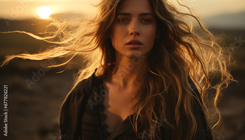 Young woman with long blond hair enjoying sunset generated by AI