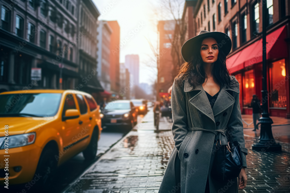 A fashionable woman in a chic trench coat and wide-brimmed hat walks confidently on a bustling city street, taxis and urban life framing her.